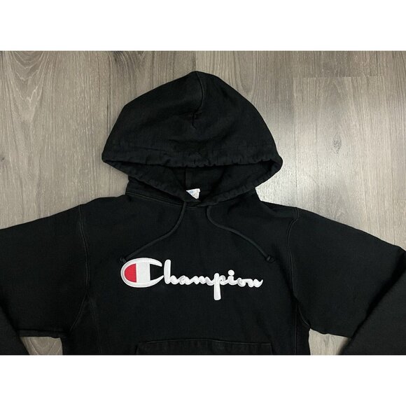 Champion Reverse Weave Sweatshirt Black Small Spell Out Hoodie Hood - Fade - Picture 2 of 9